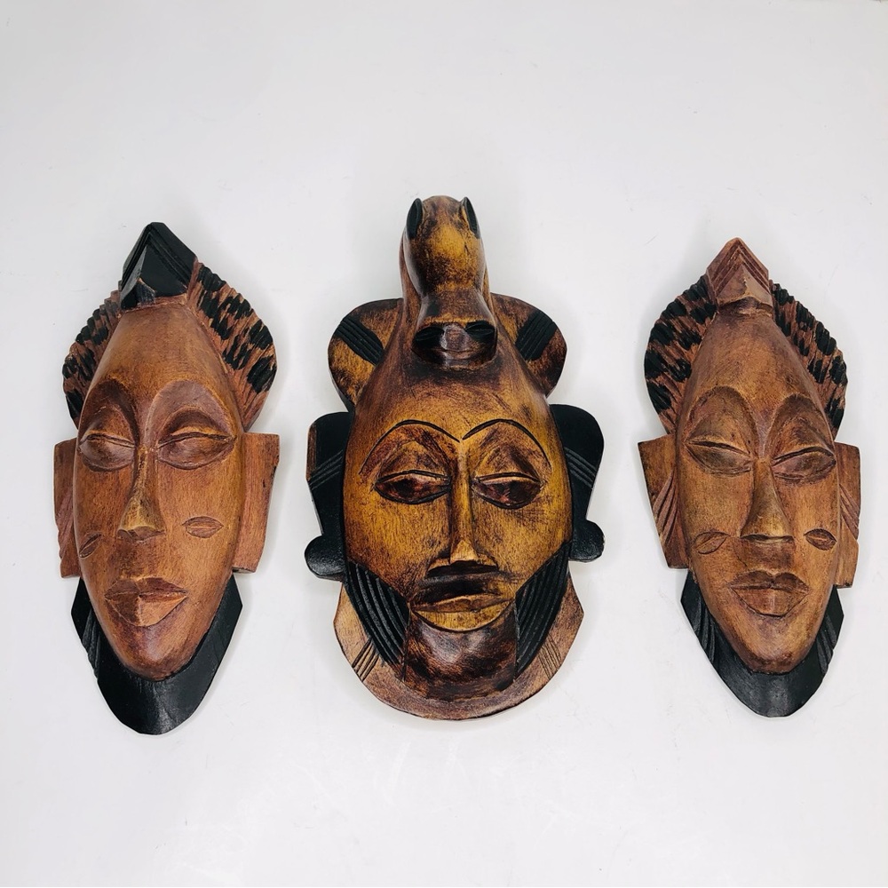 3 Hand Carved Wood African Tribal Masks Chief Horse Wall Hanging Decor Folk Art